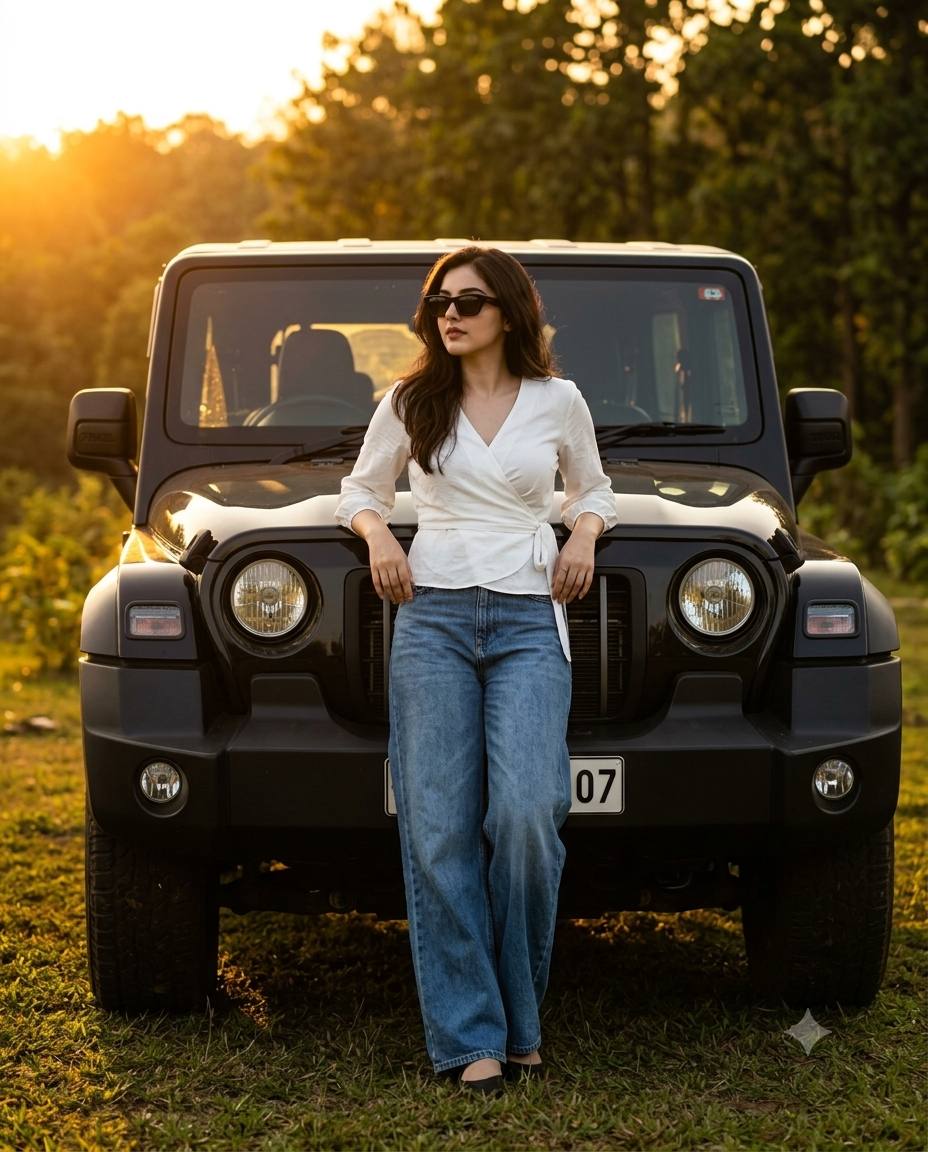 Woman with Thar AI prompt | White wrap blouse, wide-leg jeans & golden hour