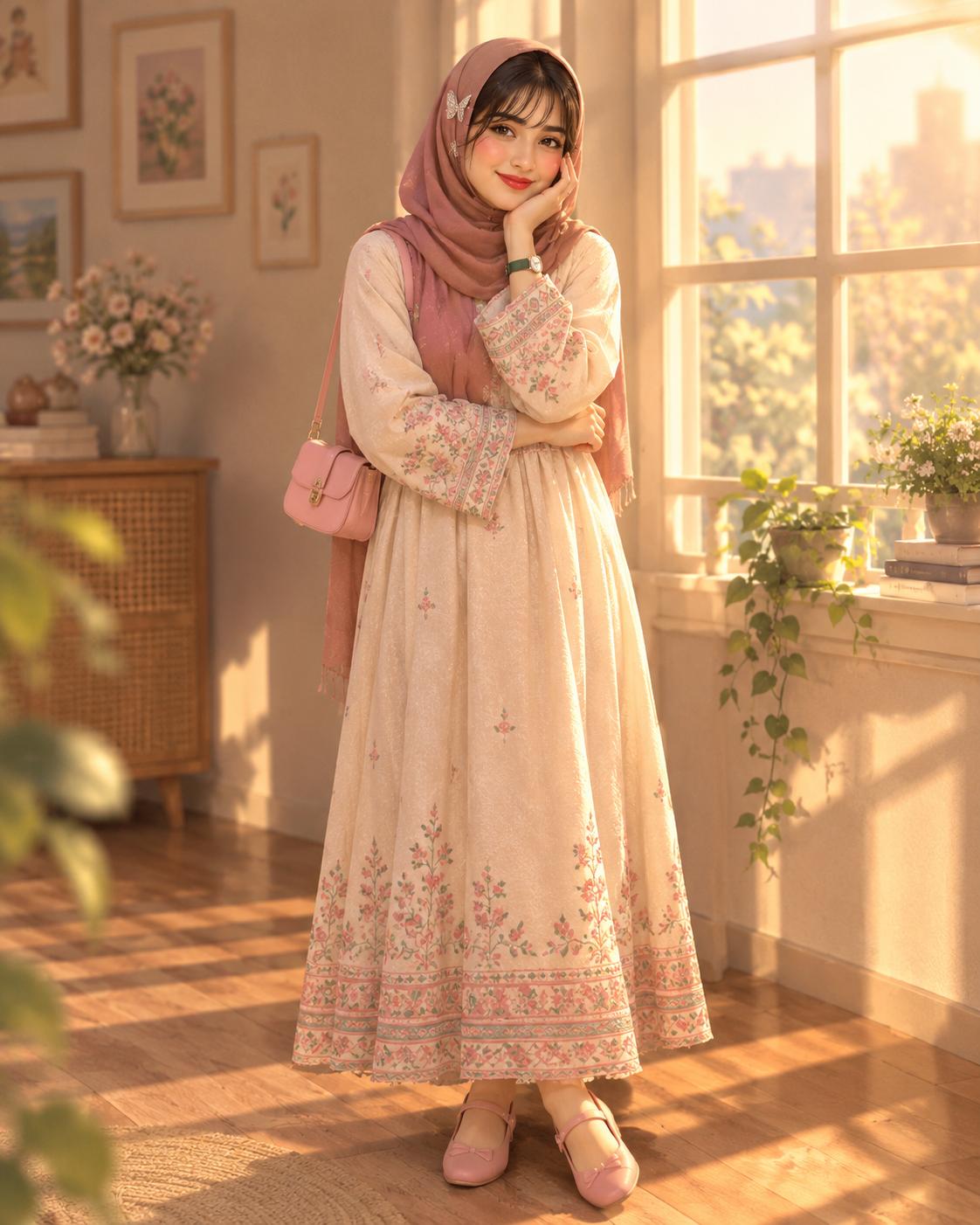3D Hijab Girl Portrait AI Image Prompt | Dusty Rose Hijab & Warm Sunlit Room