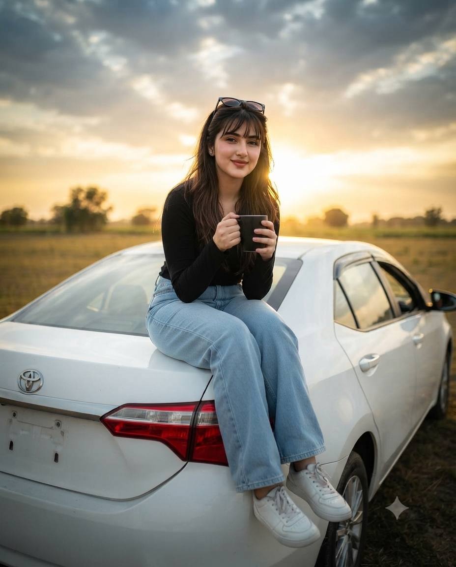 Young woman car boot portrait AI prompt | Sunset coffee mug style