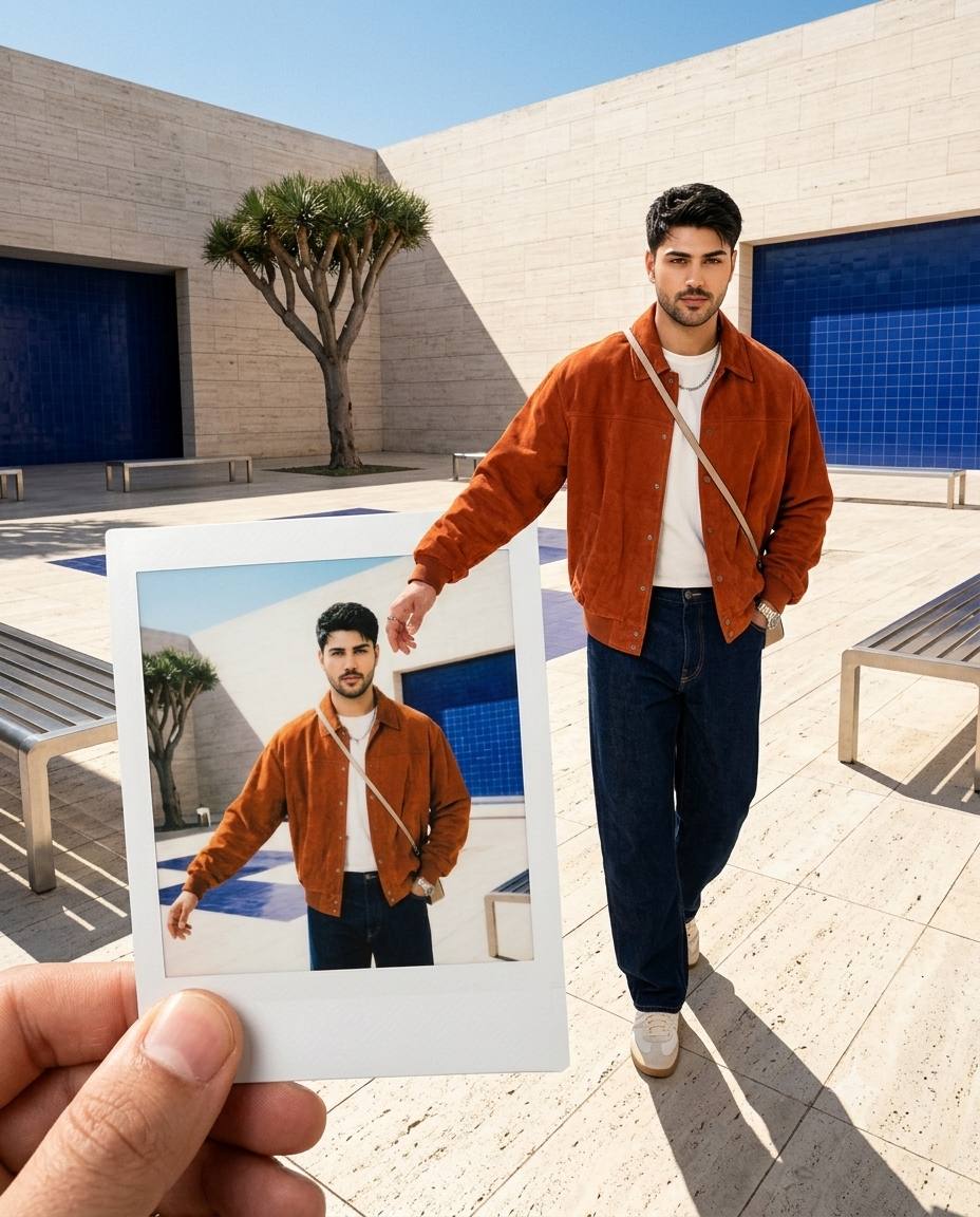 Surreal instant film fashion AI prompt | Burnt-orange jacket & forced perspective