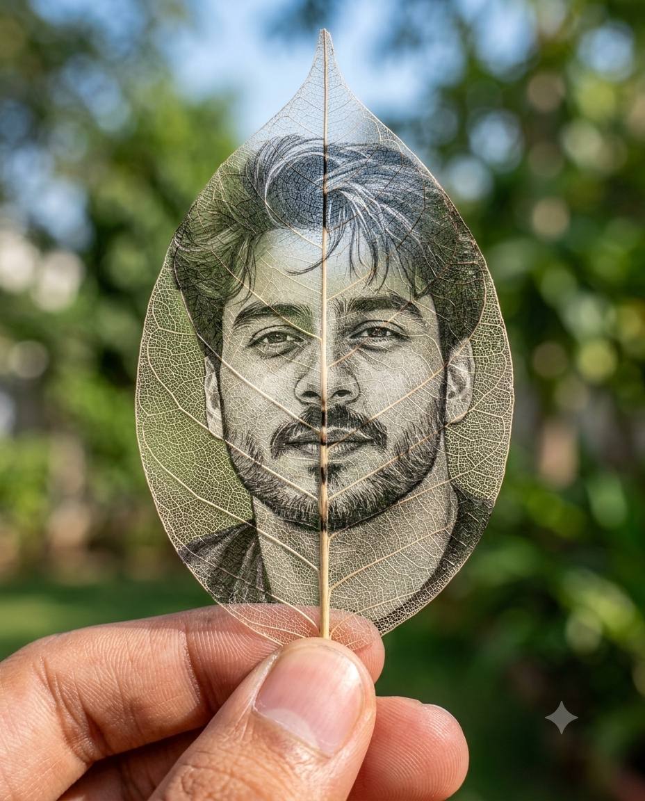 Skeletonized leaf portrait AI prompt | Etched face & macro garden bokeh