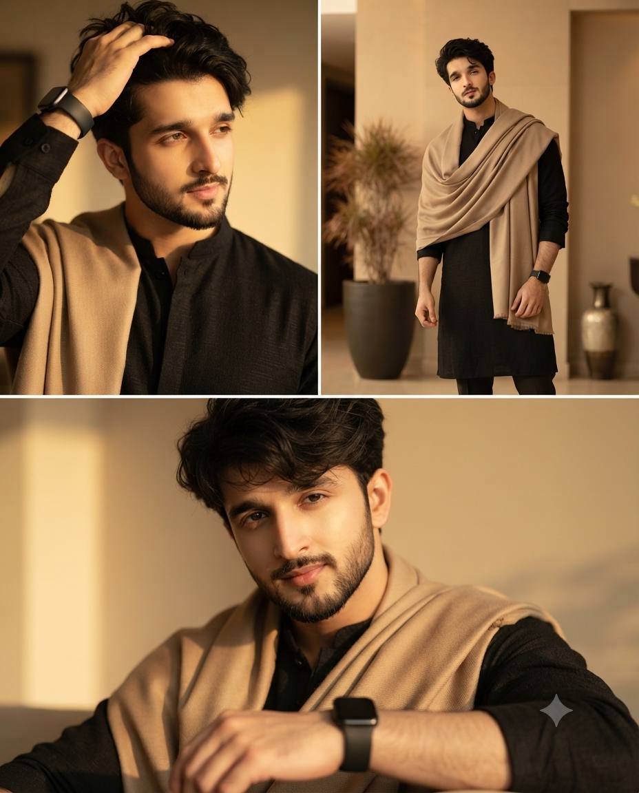 Black kurta and tan shawl portrait AI prompt | 3-panel traditional style