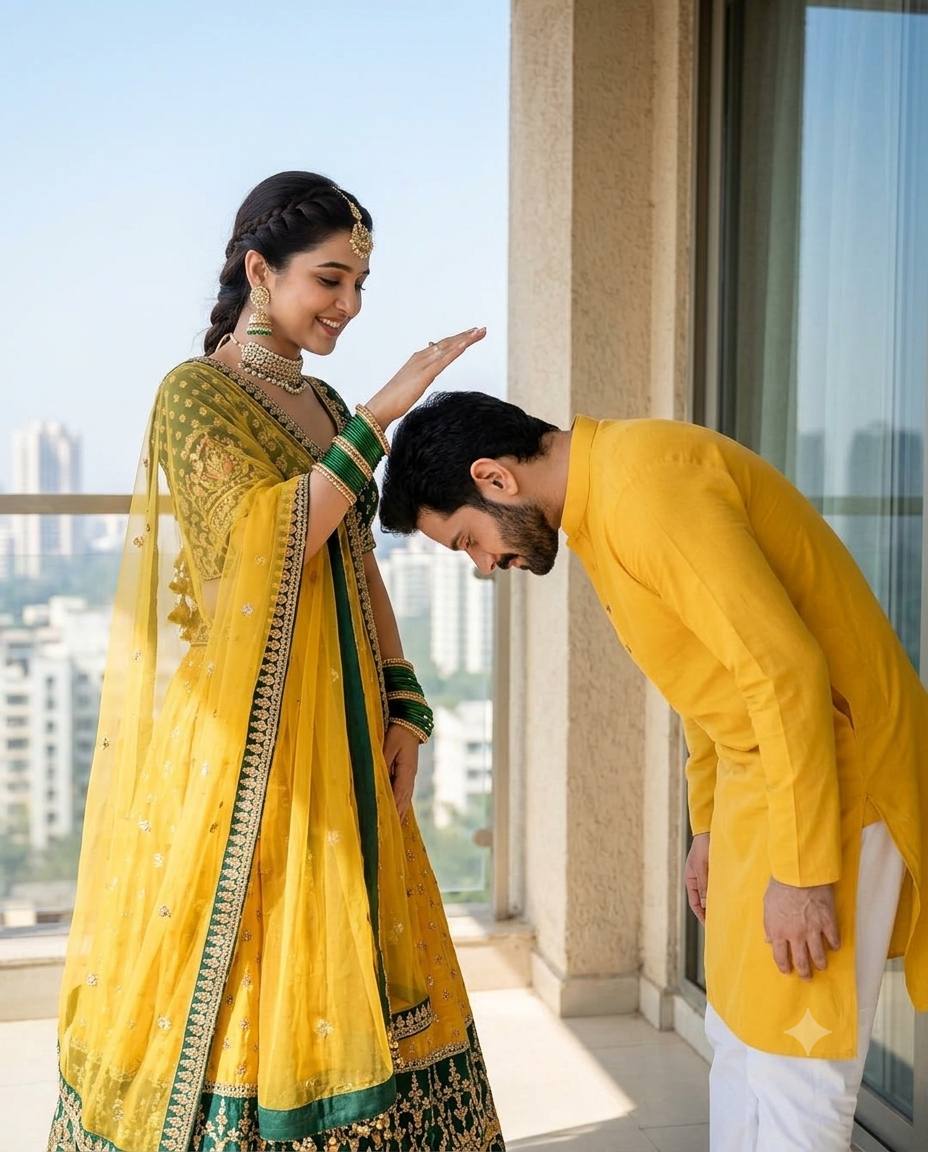Traditional blessing couple AI prompt | Yellow-green outfits & Punjabi jewelry