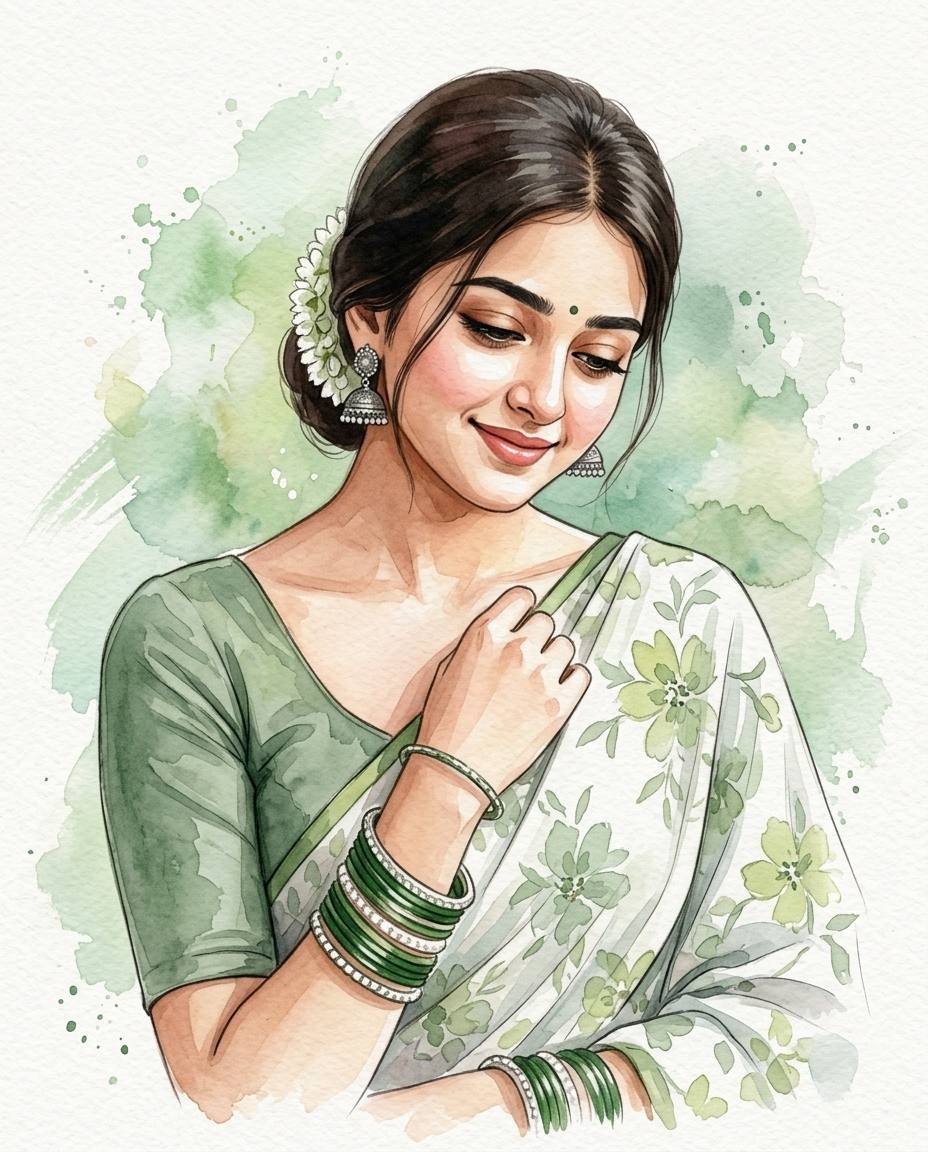 Traditional Indian Beauty Watercolor Art Ai Prompt | Sage Green Saree & Floral Details