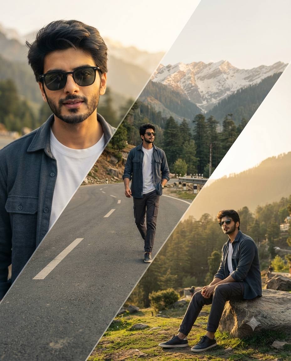 Ultra-Realistic Himalayan Mountain Road Portrait – Golden Hour Triple-Composition Prompt