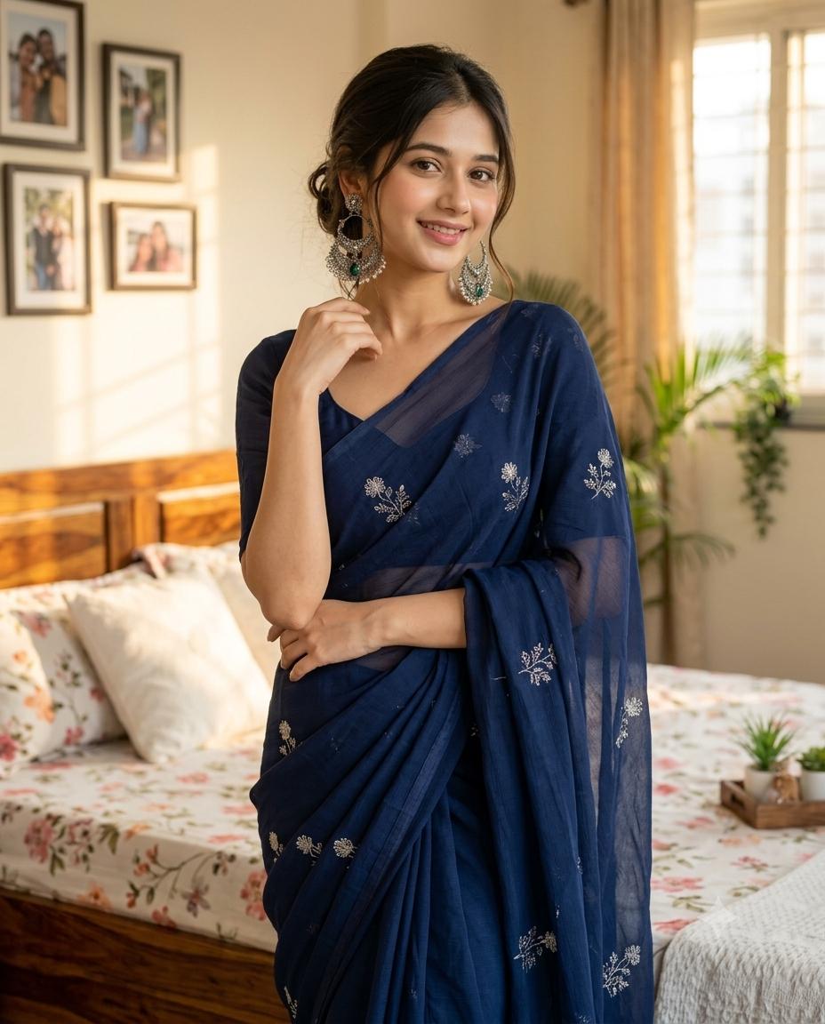 Navy Blue Saree Bedroom Portrait AI Image Prompt | Ultra-Realistic Natural Identity Photography