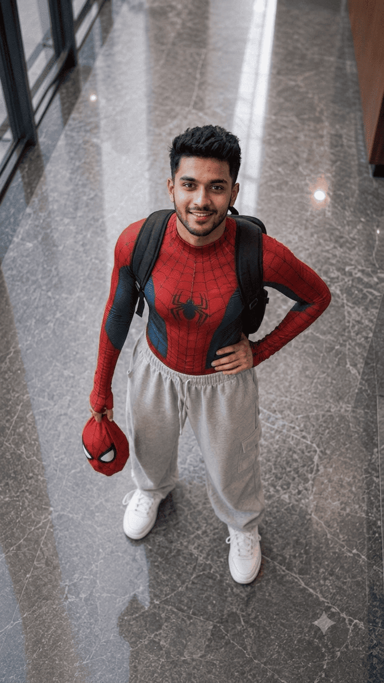 Ultra Realistic Superhero Spider Man-Inspired Man Portrait | High-Angle AI Image Prompt