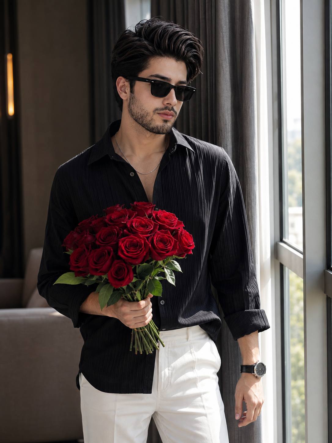 Young Man with Red Rose Bouquet by Window Ai Prompt | Cinematic Black Shirt Portrait