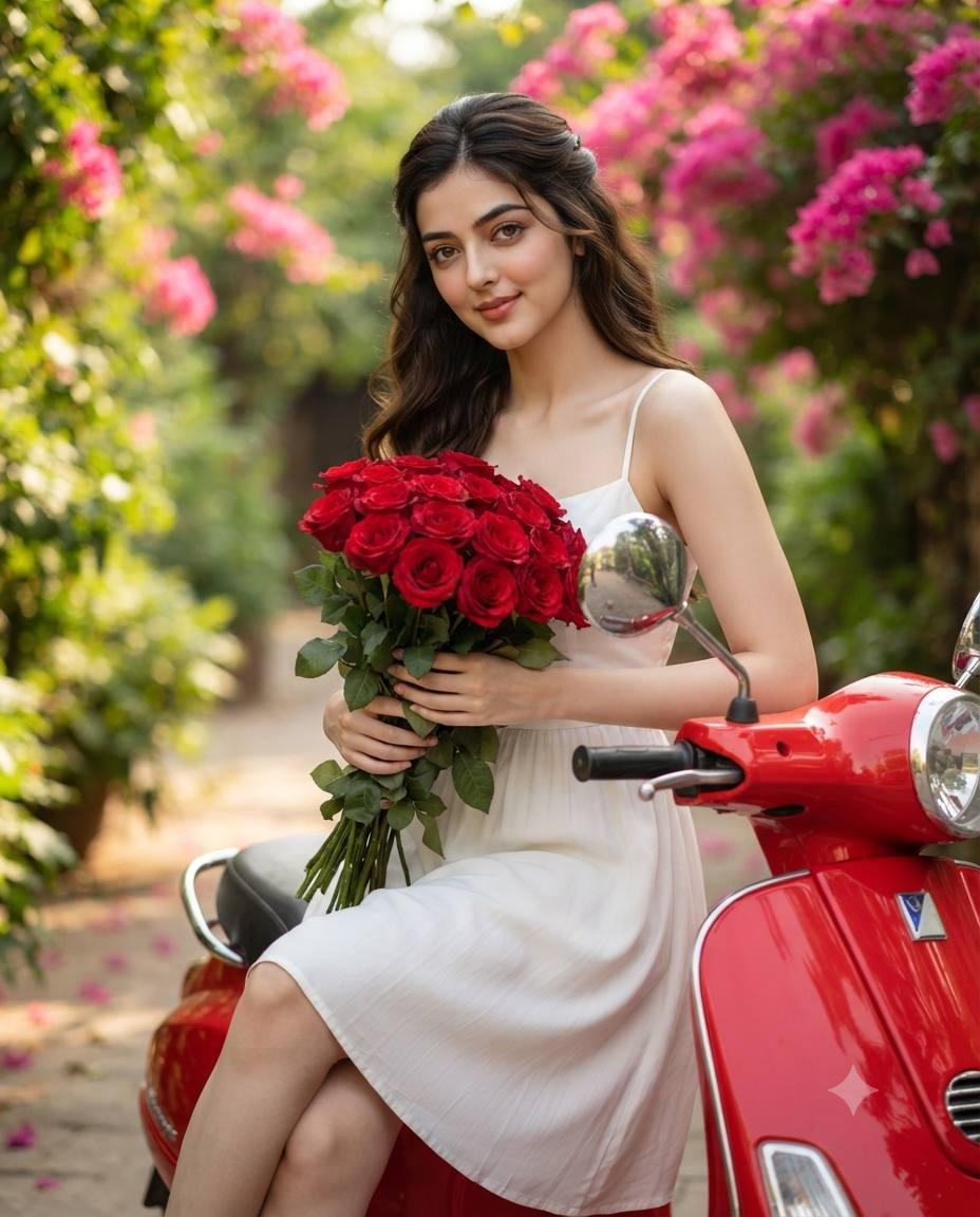 Vintage red scooter bouquet portrait AI prompt | Cinematic lifestyle style