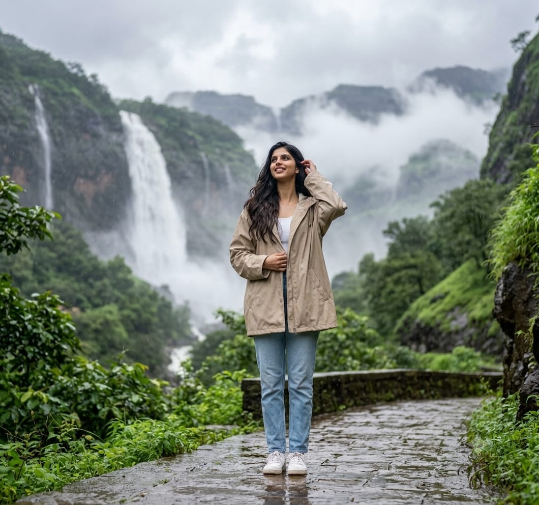 Waterfall Travel Portrait AI Prompt | Ultra-Realistic Monsoon 8K DSLR Photography