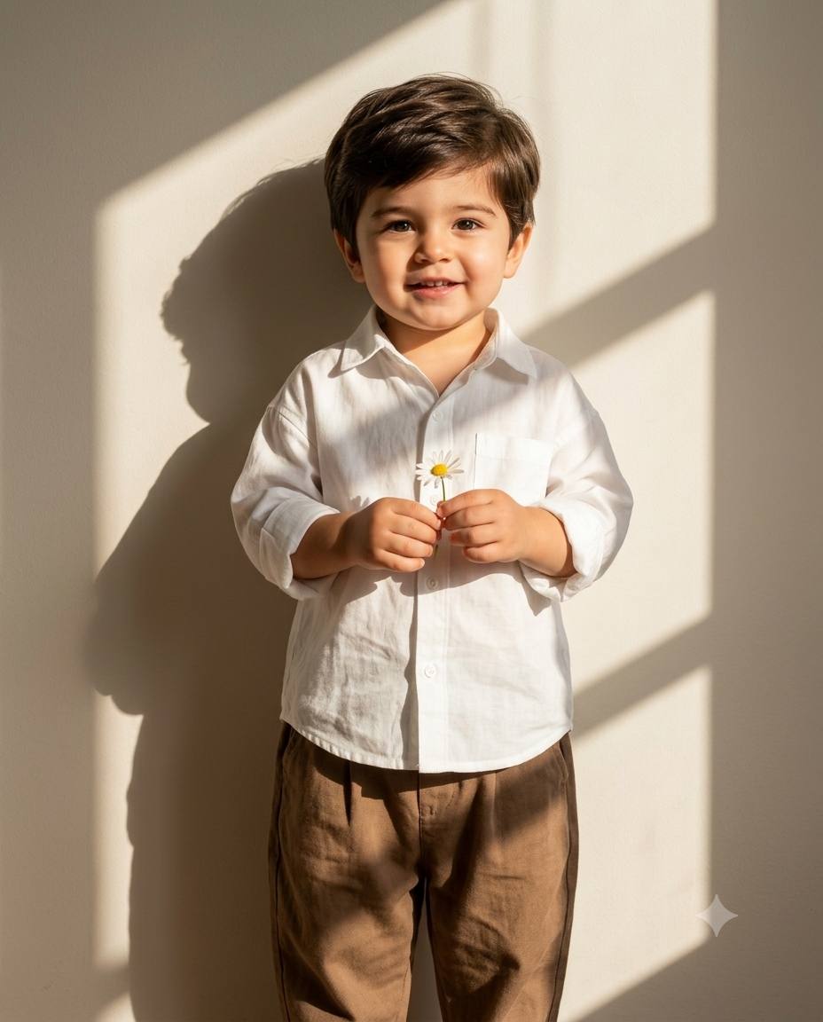 Babyswear portrait AI prompt | White shirt, brown trousers & daisy flower