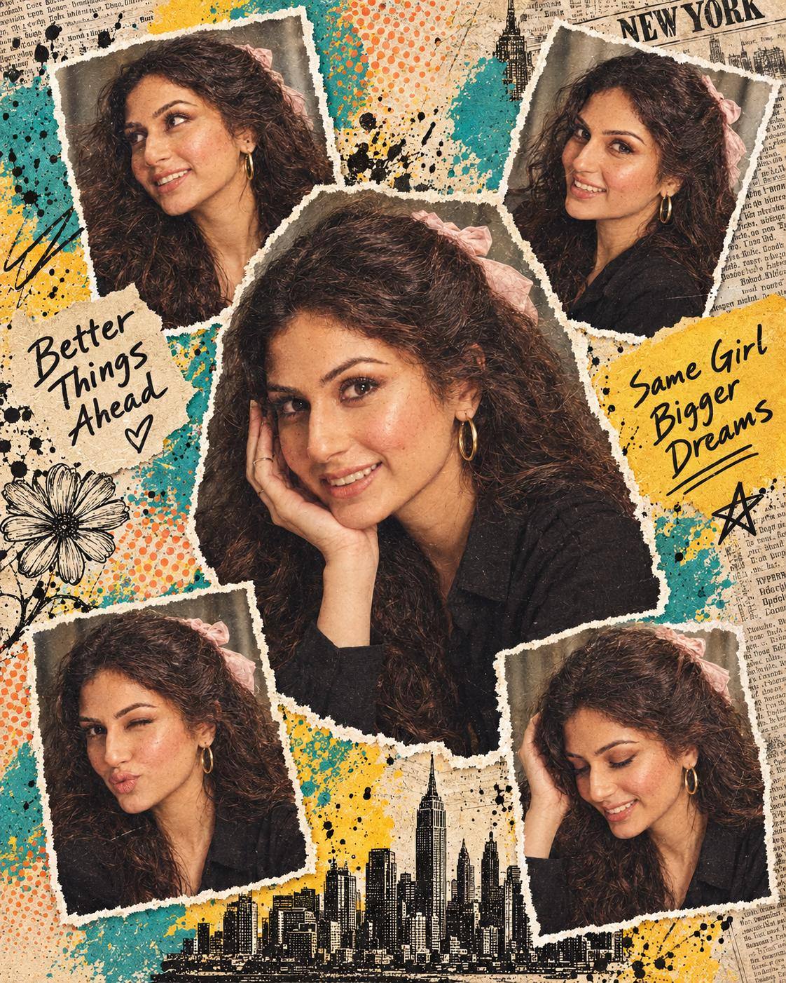 Woman Pop Art Scrapbook Portrait AI Image Prompt | 5-Frame NYC Collage & Arabic Typography