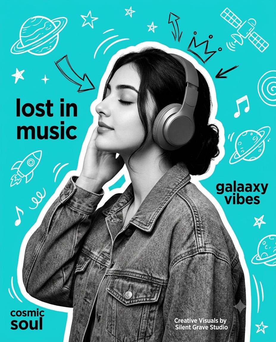 Y2K Music Girl Scrapbook Collage Style AI Image Prompt | Cosmic Doodles & Turquoise Aesthetic
